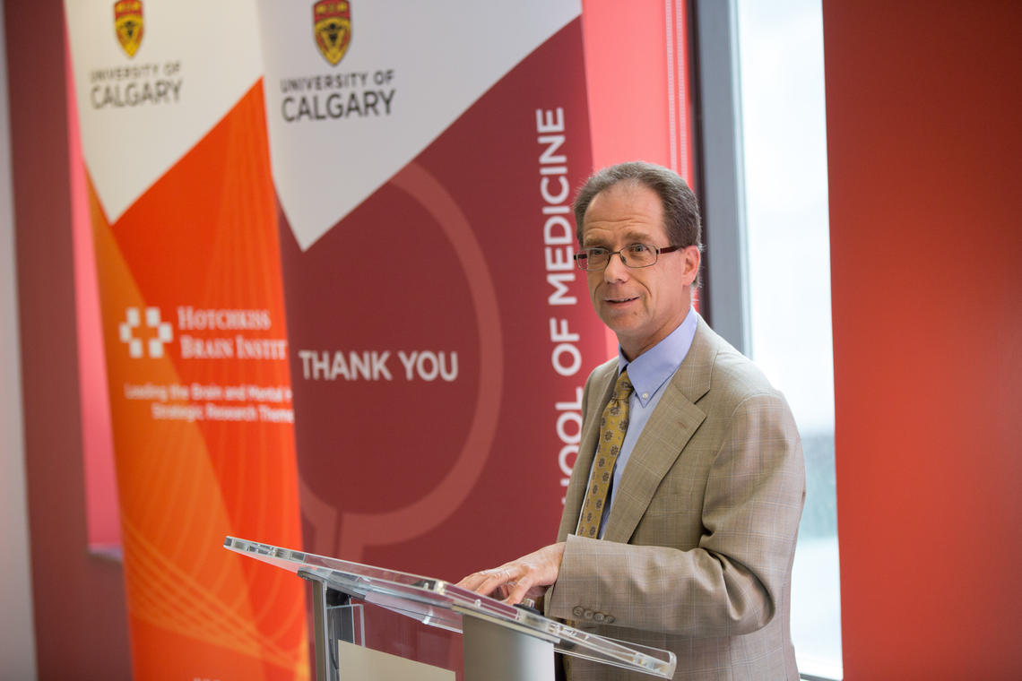 Samuel Weiss, director of the Cumming School of Medicine's Hotchkiss Brain Institute, addresses the crowd.