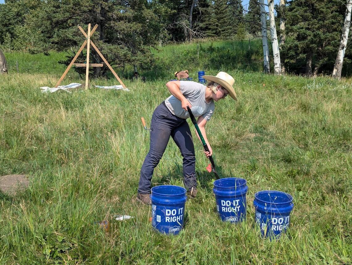 A woman in a hat is digging in a field beside blue buckets.