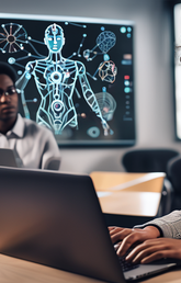 An AI generated image of a Black female student in a classroom surrounded by other students. They are all on laptops and there are blue digital images around them.