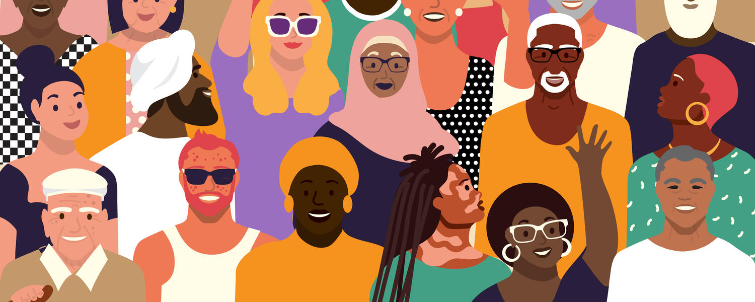 illustration of a diverse group of happy, energetic people 