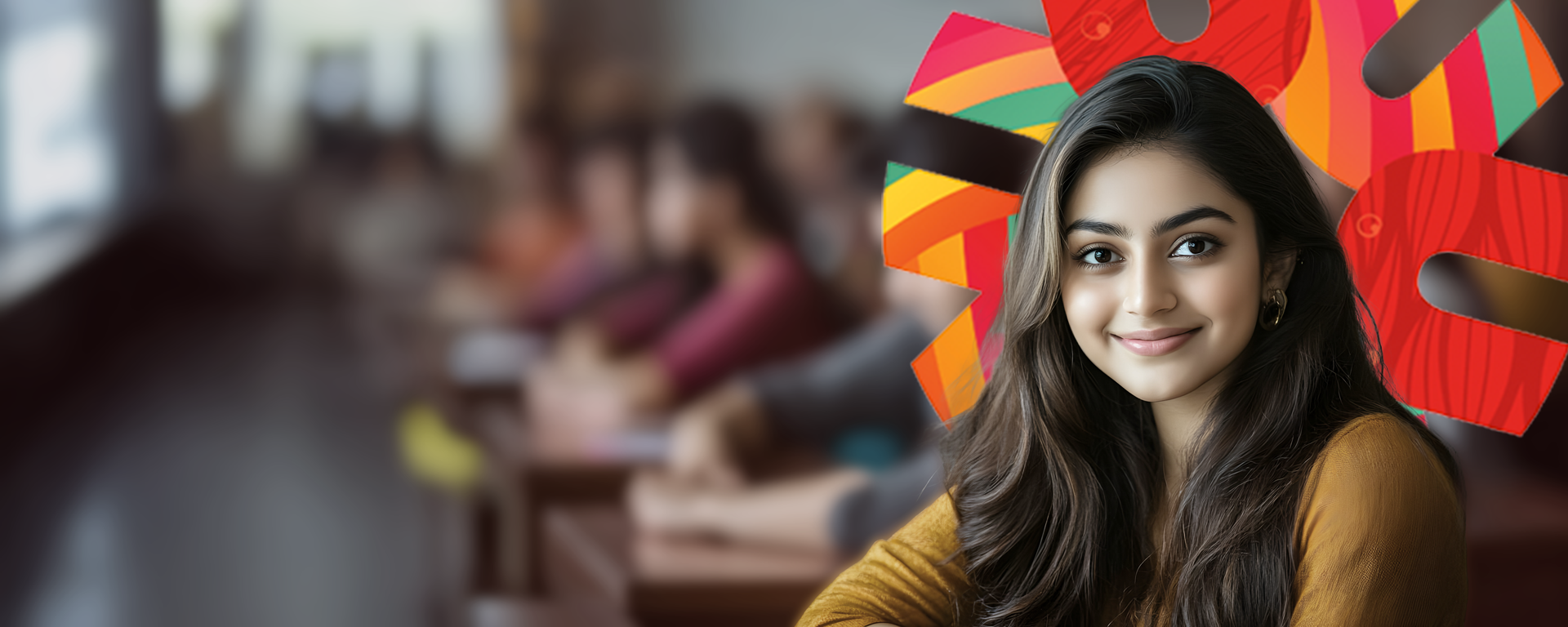 A smiling young woman in a classroom setting, surrounded by other students. 