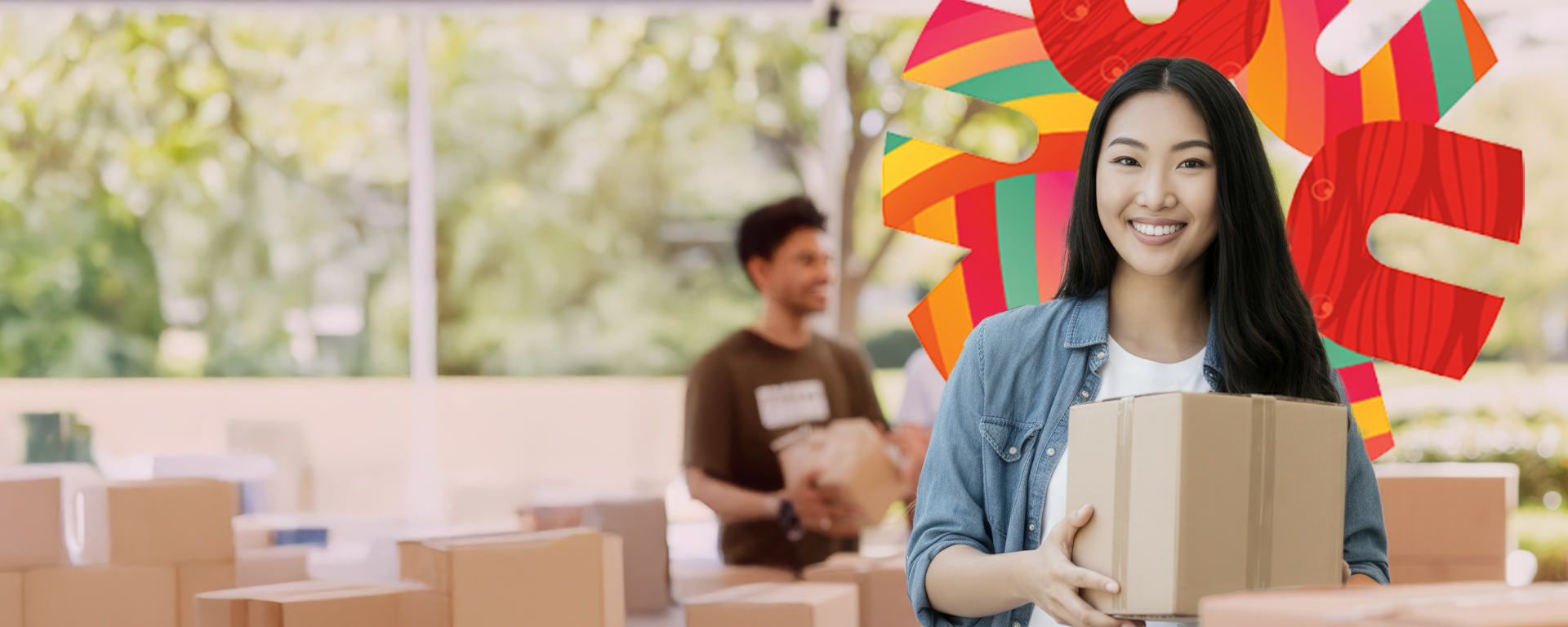 Happy young asian woman volunteer holding cardboard box, working with diverse team outdoors, social care, charity work, donation concept