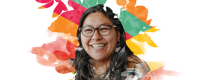 An image of a faculty of social work student surrounded by colourful leaves and organic shapes