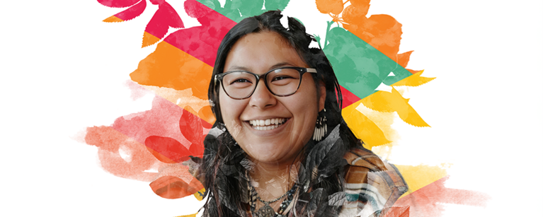 Photo illustration of an Indigenous student surrounded by leaves and colourful shapes