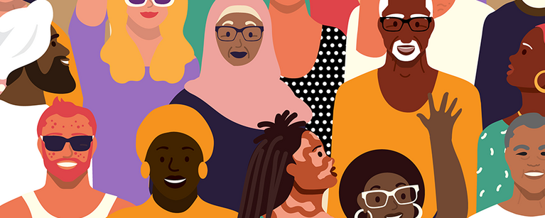 illustration of an engergetic and happy group of diverse people