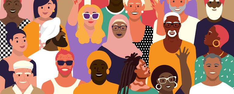 illustration of a diverse group of happy, energetic people 