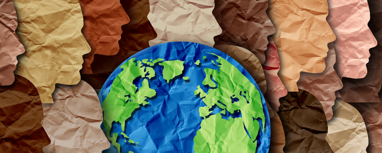 a collage of faces surrounding a globe