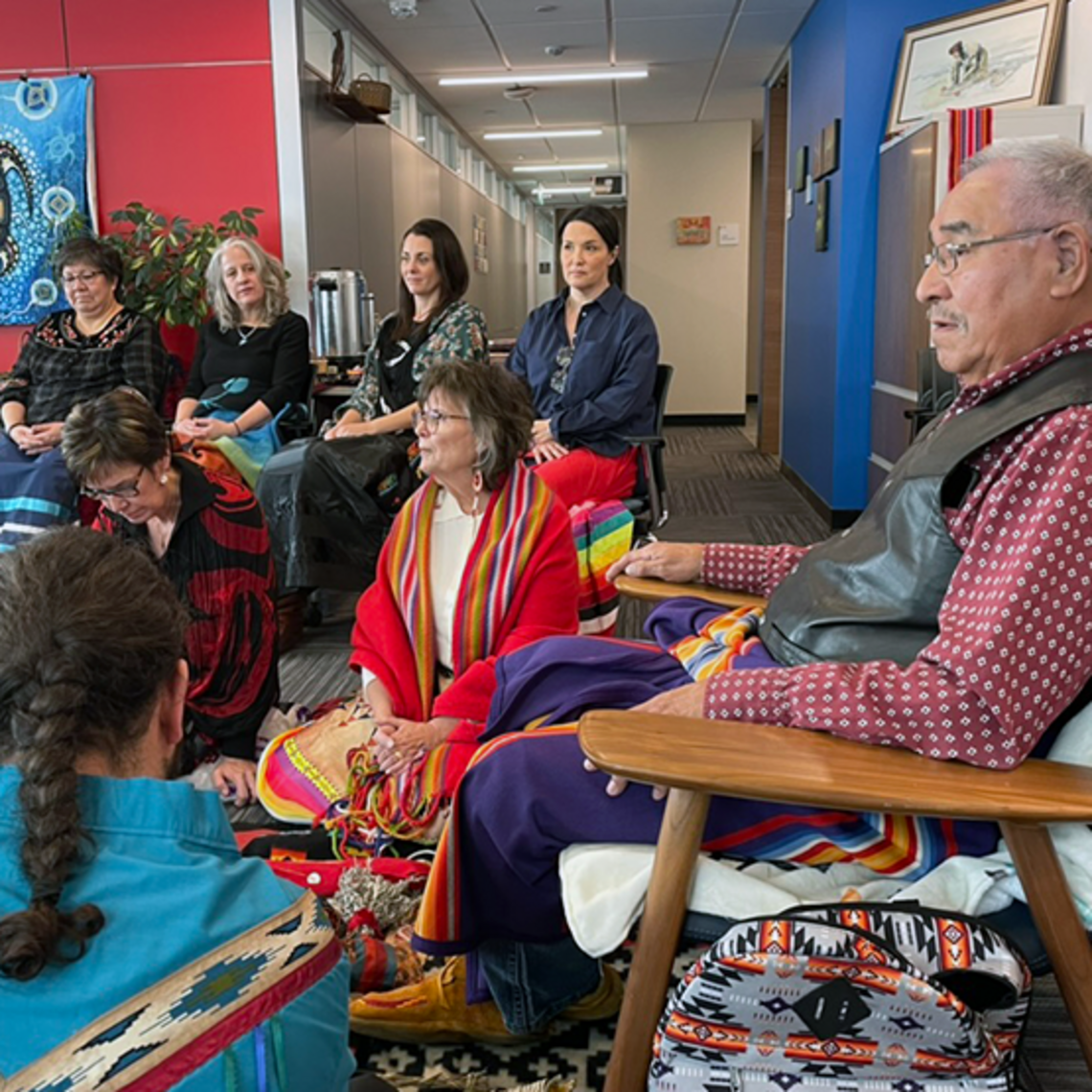 The start of a pipe ceremony at Kiipitakyoyis, the Indigenous Lodge in the Faculty of Social Work