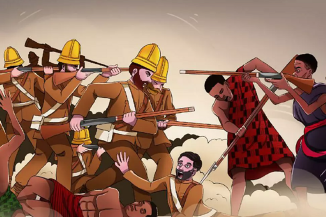 In a scene from the graphic novel, war rages between Asante troops and British soldiers.