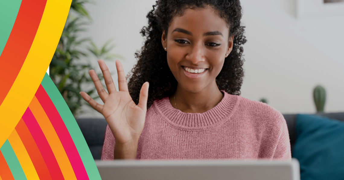 photo of a woman waving to an online class promoting university of Calgary faculty of social work online Master of social work MSW 