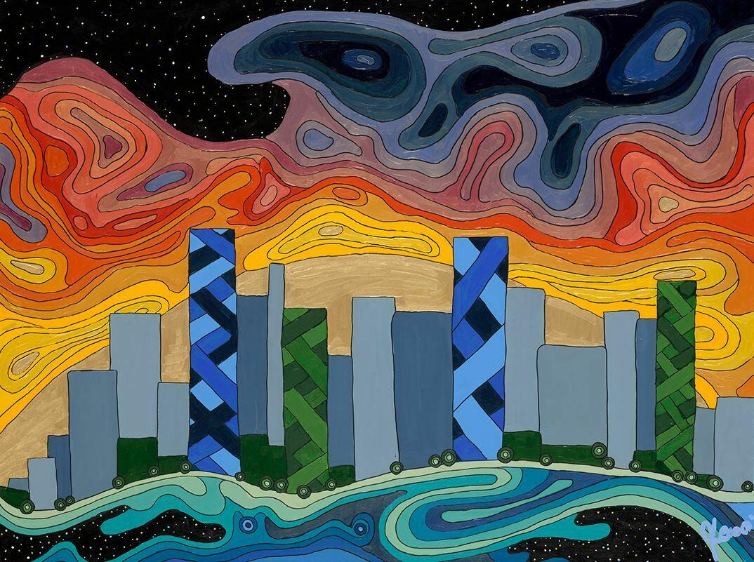 Waaseyaa, Abstract painting of sunrise over a city. A painting by Jennifer Leason 