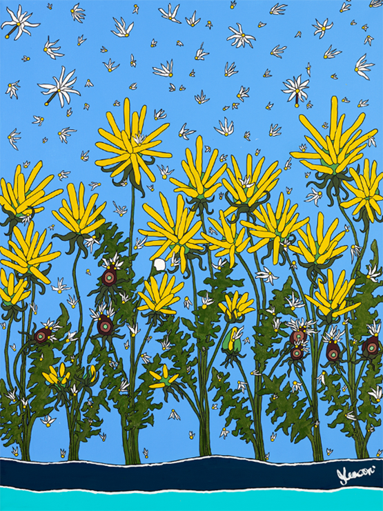 Hopes and Dreams, Abstract painting of dandelion seeds blowing. A painting by Dr. Jennifer Leason 