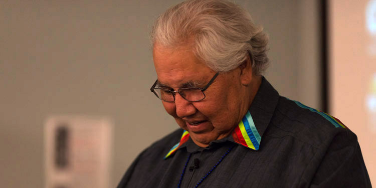 Murray Sinclair during opening keynote of the Shingwauk 2015 Gathering. Photograph taken during is address to survivors.
