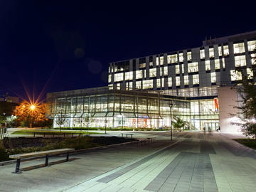 Night time shot of TFDL library UCalgary campus