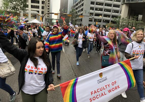 Faculty of Social Work students, faculty and staff at the Calgary 2019 Pride Parade